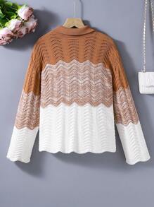 Sencillo Jersey De Cuello Alto De Rayas Onduladas Con Agujeros, Con Un Estilo De Moda Para Chicas Adolescentes - Caqui - Ver 2