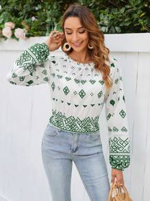 Aveloria Women'S Geometric Pattern Long Sleeve Shirt Fall Cloth For Women - Green - View 6