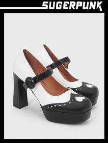 Sugerpunk Y2k 女款黑白拼色防水台厚跟鞋 - 白色 - 查看 8
