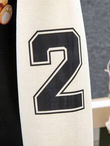 SHEIN 適合青少女的泰迪熊和字母印花棒球夾克和褲子套裝 - 黑色 - 查看 4