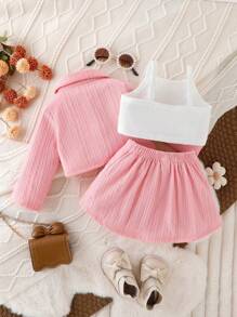 SHEIN Conjunto Elegante Vintage De Tres Piezas Para Niña Con Chaqueta Y Falda Abotonada Exquisita, Para Primavera Y Otoño - Rosa - Ver 2