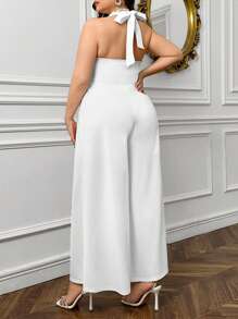 SHEIN Privé Kích thước lớn Halter Neck Không tay Áo liền quần ống rộng Với Đã thu thập Eo & Dây kéo - Màu be - Xem 2