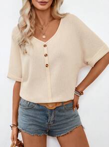 SHEIN LUNE 女式紋理布t恤,帶有鈕扣裝飾 - 杏色 - 查看 5