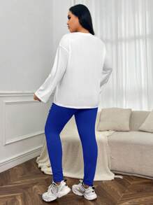 SHEIN EZwear Plus Size Women's Printed Knit Round Neck T-Shirt And Leggings Set - Royal Blue - View 2