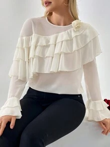 SHEIN Privé Solid Color 3d Floral Decorated Ruffle Trim Blouse