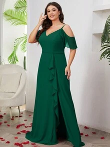 Women Plus Size Off The Should Ruffle Split Thigh Bridesmaid Dress Elegant Wedding Guest Dress