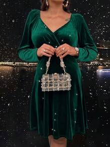EMERY ROSE Kích thước lớn Tay áo dài Nhung Đầm - Màu xanh lá cây đậm - Xem 1
