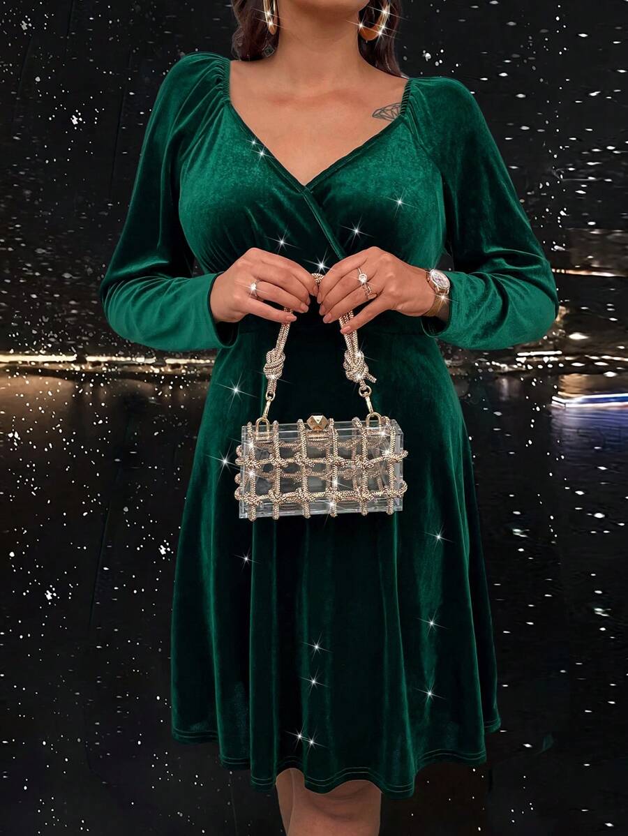 EMERY ROSE Kích thước lớn Tay áo dài Nhung Đầm - Màu xanh lá cây đậm - Xem 1