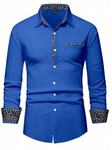 Manfinity Mode Men's Patchwork Floral Long Sleeve Shirt - Blue - View 4