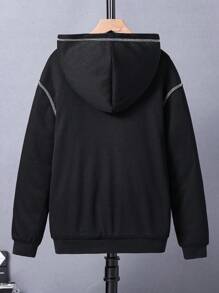 SHEIN Áo nỉ cho bé trai tuổi teen, có túi kangaroo và sọc màu tương phản. - màu đen - Xem 2