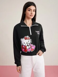 HELLO KITTY AND FRIENDS | SHEIN Cartoon Letter Print Zip-Up Half Placket Hoodie - Black - View 3