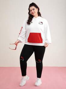 HELLO KITTY AND FRIENDS | SHEIN Plus Cat Print Color Block Pocket Hoodie
