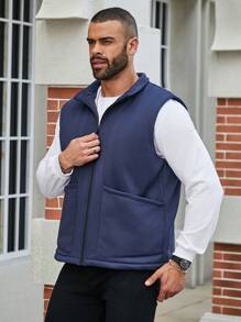 Manfinity Homme Plus Size Men's Teddy Lined Zipper Front Vest Jacket With Double Pockets - Blue - View 6