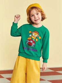GARFIELD | SHEIN 少女卡通印花圓領運動衫 - 綠色 - 查看 1