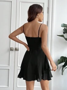 SHEIN EZwear Ladies' Solid Color Spaghetti Strap Dress - Black - View 2