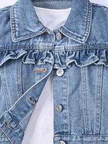 Baby Girl Unicorn & Slogan Graphic Ruffle Trim Denim Jacket - Medium Wash - View 4