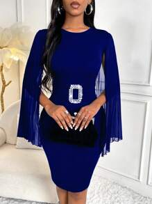 Lunelith SHEIN Lunessa Women's Patchwork Sheer Cape Sleeves Bodycon Round Neck Dress Fall Cloth For Women - Navy Blue - View 6