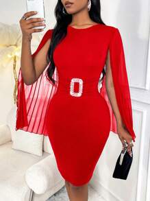 SHEIN Clasi Solid Color Cape Sleeve Dress With Rhinestone Decoration - Red - View 6