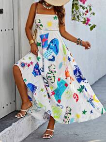 SHEIN Holidaya Seabed Animal Print Spaghetti Strap Dress Maxi Women Outfit - White - View 4