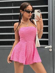 SHEIN PETITE Women's Solid Color Strapless Textured Summer Romper - Hot Pink - View 6