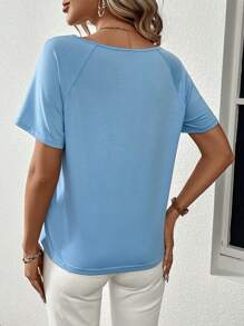 SHEIN LUNE Women's Raglan Short Sleeve T-Shirt With Lace Patchwork - Blue - View 2