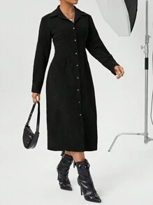 SHEIN Essnce Ladies Corduroy Button Front Dress - Black - View 5