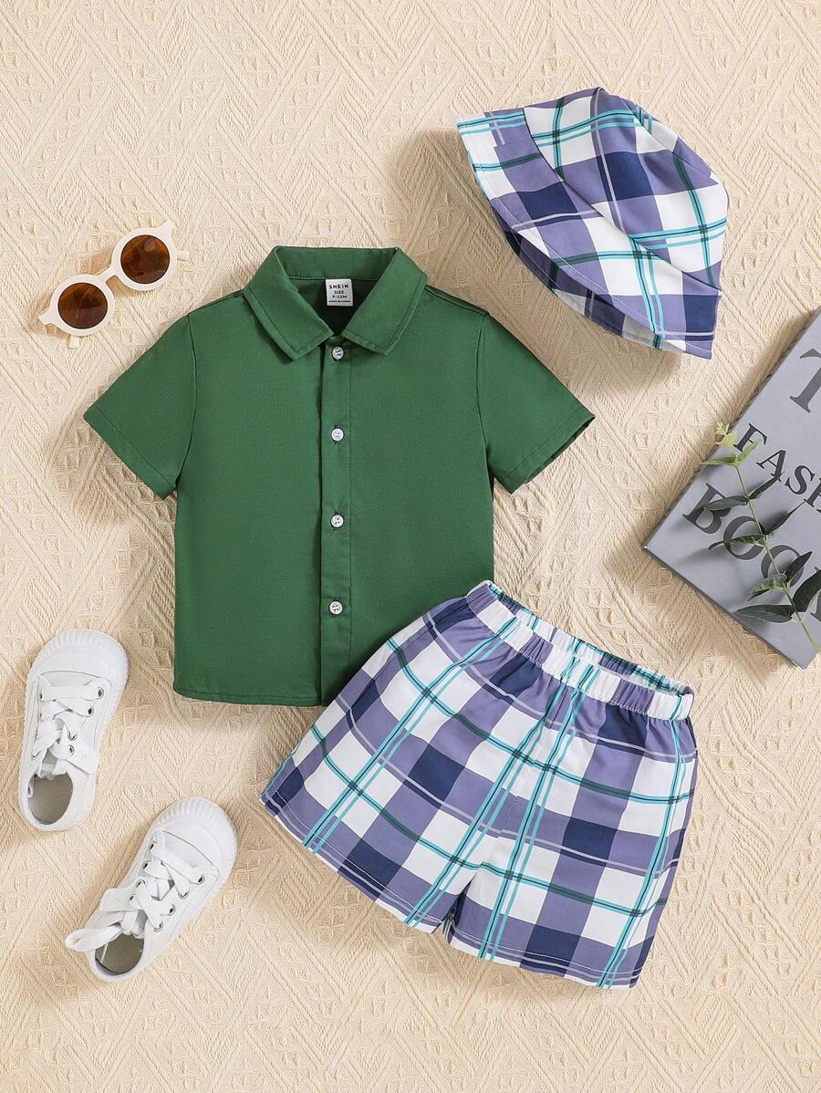 SHEIN Unisex Baby Solid Color Turn-Down Collar Short Sleeve Top, Plaid Shorts, Bucket Hat 3pcs/Set - Green - View 1