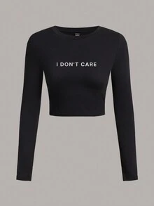 SHEIN EZwear 3入組簡約口號長袖女緊身T恤，我不在乎 - 彩色 - 查看 3