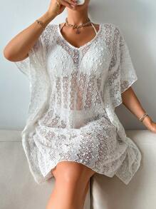 SHEIN Swim Summer Women'S Knitted Hollow Out Batwing Sleeve Cover Up