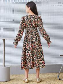 SHEIN Tween Girl 复古花卉印花裹身式长袖束带连衣裙 - 彩色 - 查看 6