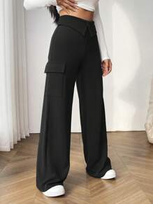 Flirla Women's High Waist Solid Color Wide Leg Pants With Folded Waistline - Black - View 4