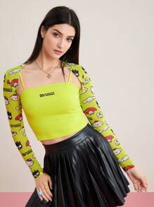 HELLO KITTY AND FRIENDS | SHEIN Cartoon Print Slim Fit Top - Mustard Yellow - View 1