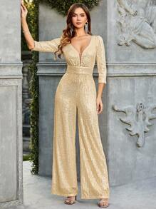 Double Crazy Women's Fashionable Party Sequin Wide Leg Jumpsuit - Champagne - View 1