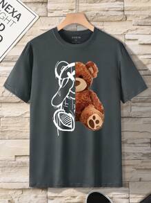 Manfinity Dauomo 男款大尺碼卡通熊印花短袖 T 卹 - 深灰色 - 查看 1