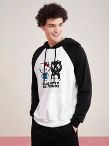 HELLO KITTY AND FRIENDS | SHEIN 男士卡通圖案拼色連帽衫 - 黑與白 - 查看 5