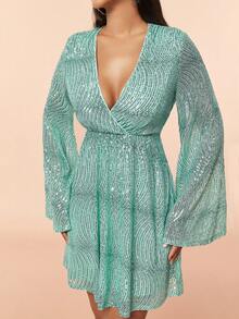 Wave Line & Glitter Decor Deep V-Neck Flared Sleeve Party Prom Dress - Mint Green - View 6