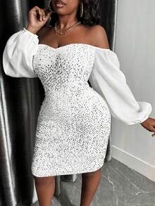 Slaydiva Của phụ nữ Kích thước lớn Kim sa Vá lại Off-shoulder Tay áo lồng đèn Đầm - trắng - Xem 5