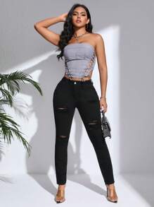 SHEIN 女款修身破洞牛仔褲 - 黑色 - 查看 2