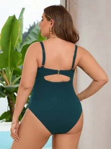 SHEIN Swim Curve Traje de baño de una pieza con abertura en unicolor para talla grande de verano