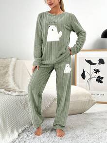 RueChic Phim hoạt hình thêu Flannel Bộ mặc nhà - màu xanh lá - Xem 3