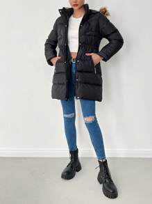 EURMUSE Women's Fashionable Versatile Cinched Waist Faux Fur Collar Hooded Jacket, Winter - Black - View 5