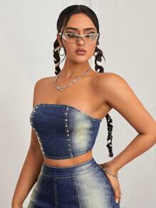 SHEIN ICON Women's Denim Strapless Top With Rivets - Blue - View 4