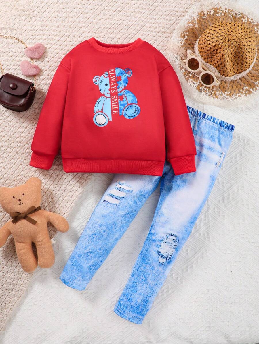 SHEIN Young Girl Cartoon Graphic Sweatshirt & Denim-Effect Print Pants - Red - View 1