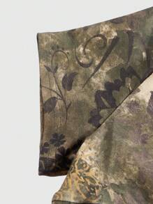 ROMWE Fairycore Women'S Floral Print Short Sleeve Drawstring T-Shirt - Army Green - View 3