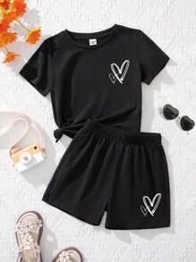 SHEIN Leap Crew Cô gái Tween Giải trí Đơn giản Hình trái tim Ngắn tay Áo thun Và Quần short 2 cái/bộ Thích hợp Cho mùa hè - màu đen - Xem 1
