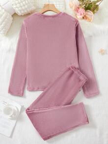 Teen Girl's Letter Embroidery Long Sleeve And Long Pants Homewear Set - Dusty Pink - View 2
