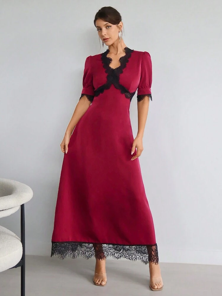 Ladies' New Spring Summer Red Lace Trimmed High Low Hem Dress, Great For Parties, Dates, And Vacations