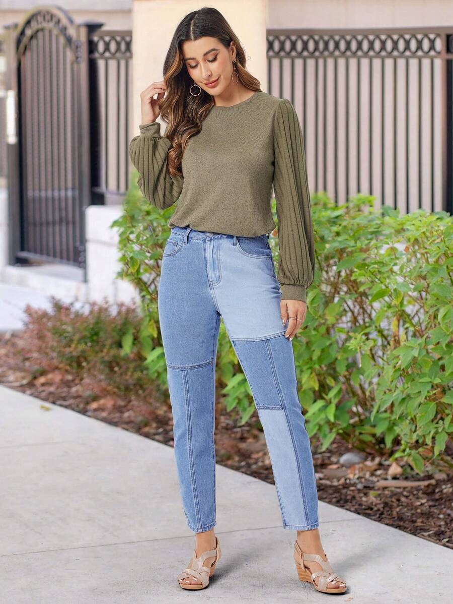 SHEIN LUNE 女款帶口袋牛仔長褲 - 藍色 - 查看 1