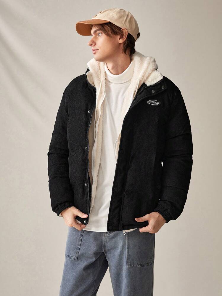 Men's Oversized Corduroy Padded Coat With Letter Patchwork Detail And Teddy Lining, For Fall Winter
