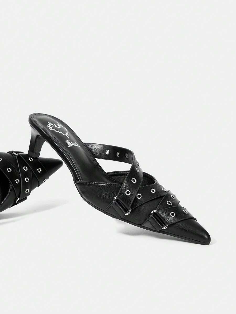 SheIn ICON Women's Stylish Black Pointed Toe Chunky Low Heel Shoes - Black - View 1